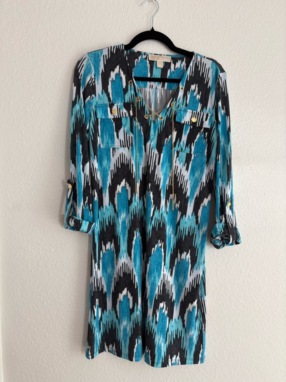 Michael Kors Size S Teal Black White Peacock Animal Print Belted Tunic Dress